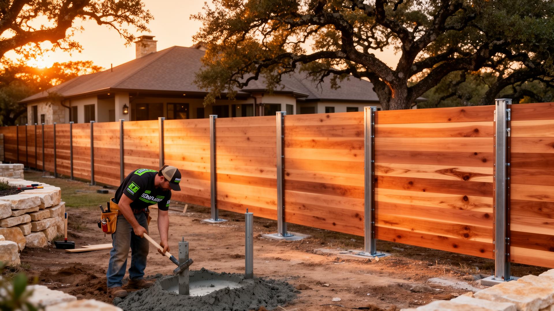 Cedar privacy fence with metal posts being installed by a Bulverde fence contractor